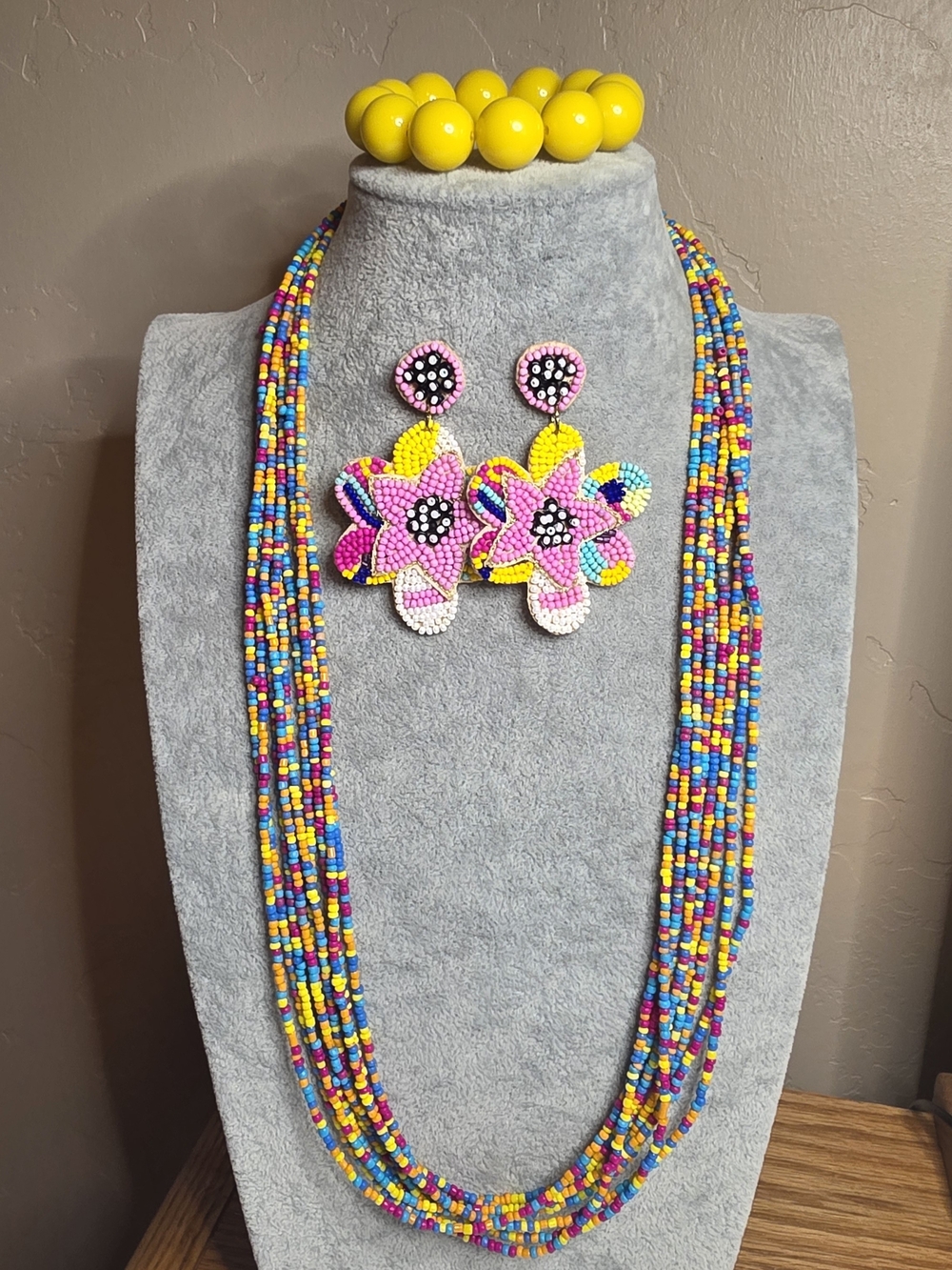 Colorful Beaded Multi-Strand Necklace with Bracelet & Floral Bead Earrings
